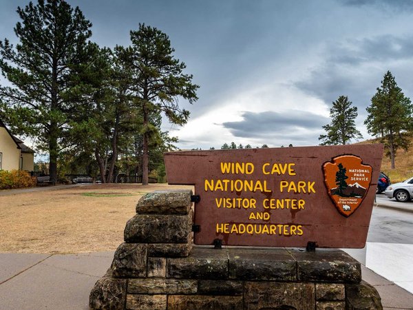 Wind Cave National Park, South Dakota, USA - 10.2021: Entrance sign to park