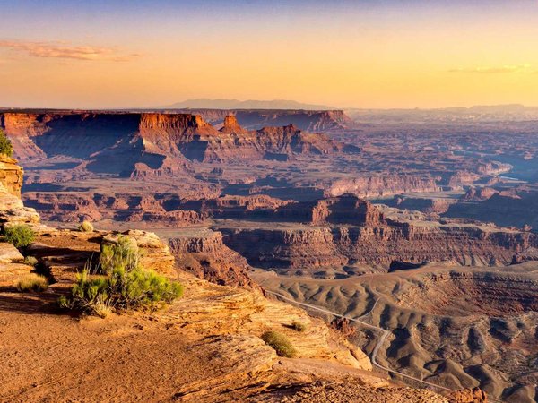 High view of the rugged desert terain, mountains and canyons