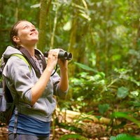 Hiker watching through binoculars wild birds in the jungle.