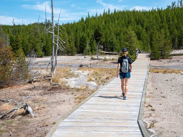 Hiker at Norris geyser basin area at Yellowstone National Park (USA)