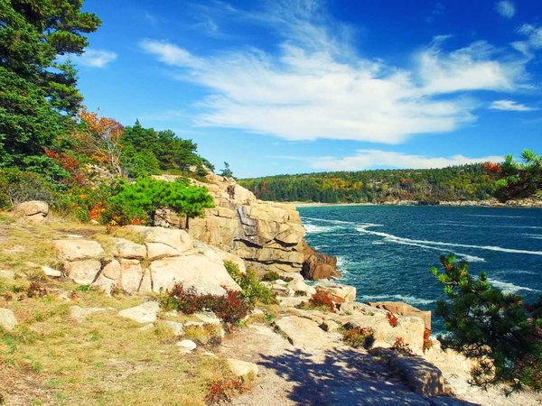 Beautiful fall colors of Acadia, Maine. Aerial view from helicopter