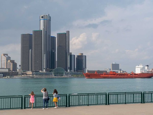 View of Detroit skyline with a ship from Windsor, Ontario
