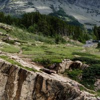 Alpine scenery in Many Glacier area of Glacier National Park in Montana, USA