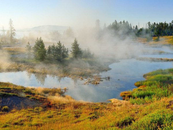 steaming geysers in West Thumb area in Yellowstone National Park, Wyoming