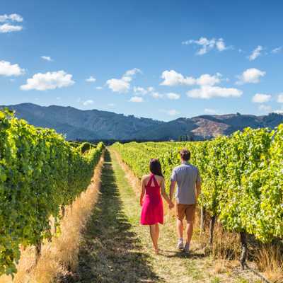 A couple walks through rows of grape vines on a private farm tour