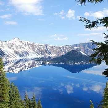 A view of the crystal clear Crater Lake from the visitor center.