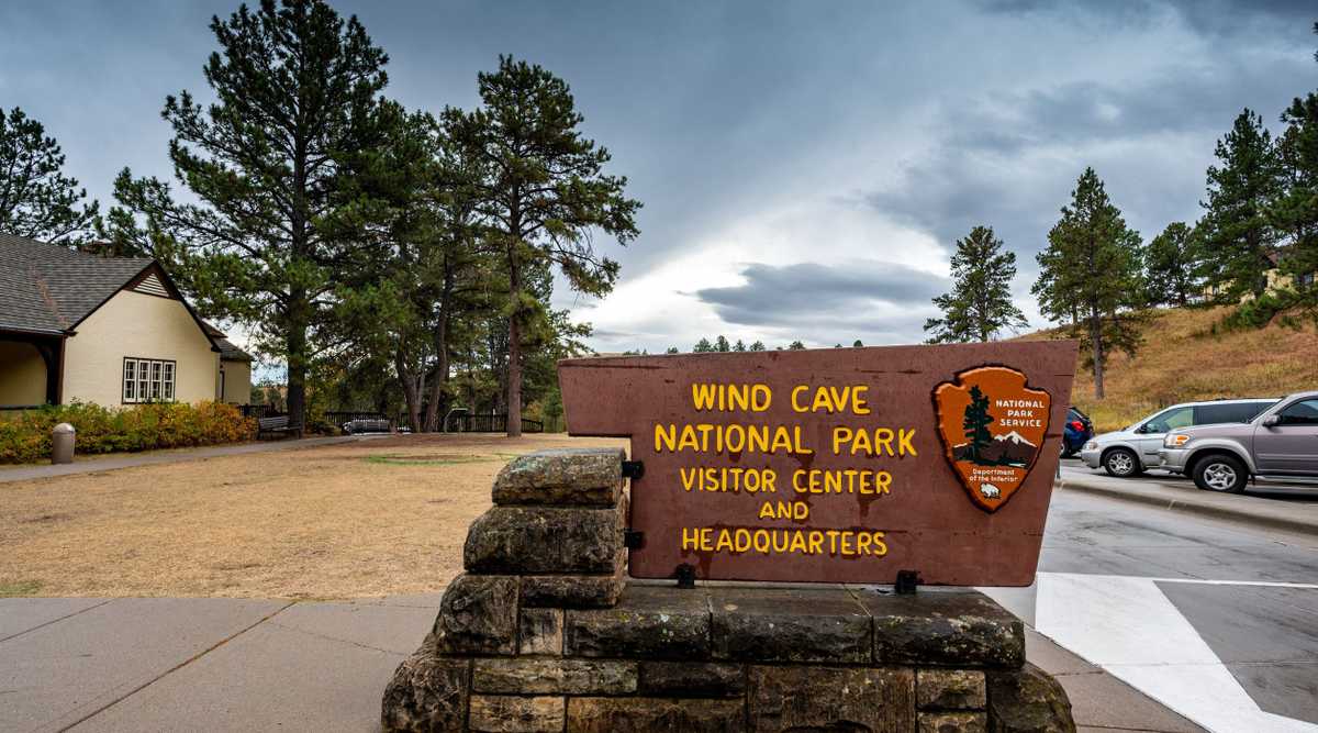 Wind Cave National Park, South Dakota, USA - 10.2021: Entrance sign to park