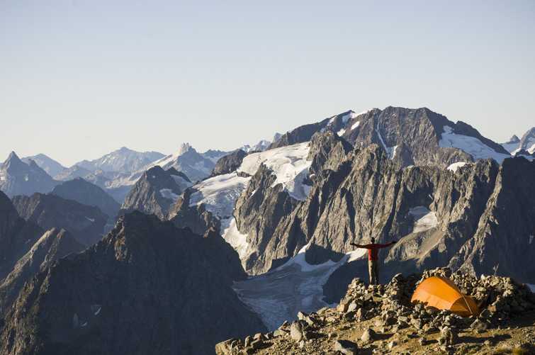 Man Hiking On The Sahale Arm, North Cascades National Park, Washington, Usa