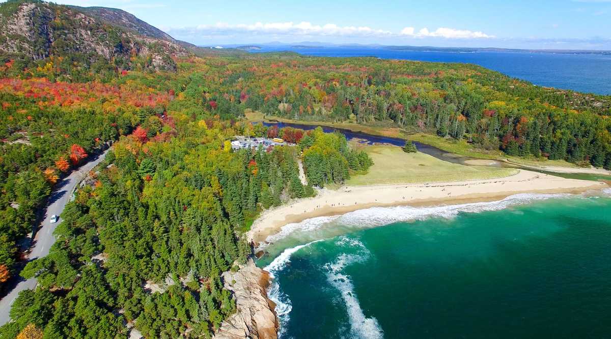 Beautiful fall colors of Acadia, Maine. Aerial view from helicopter